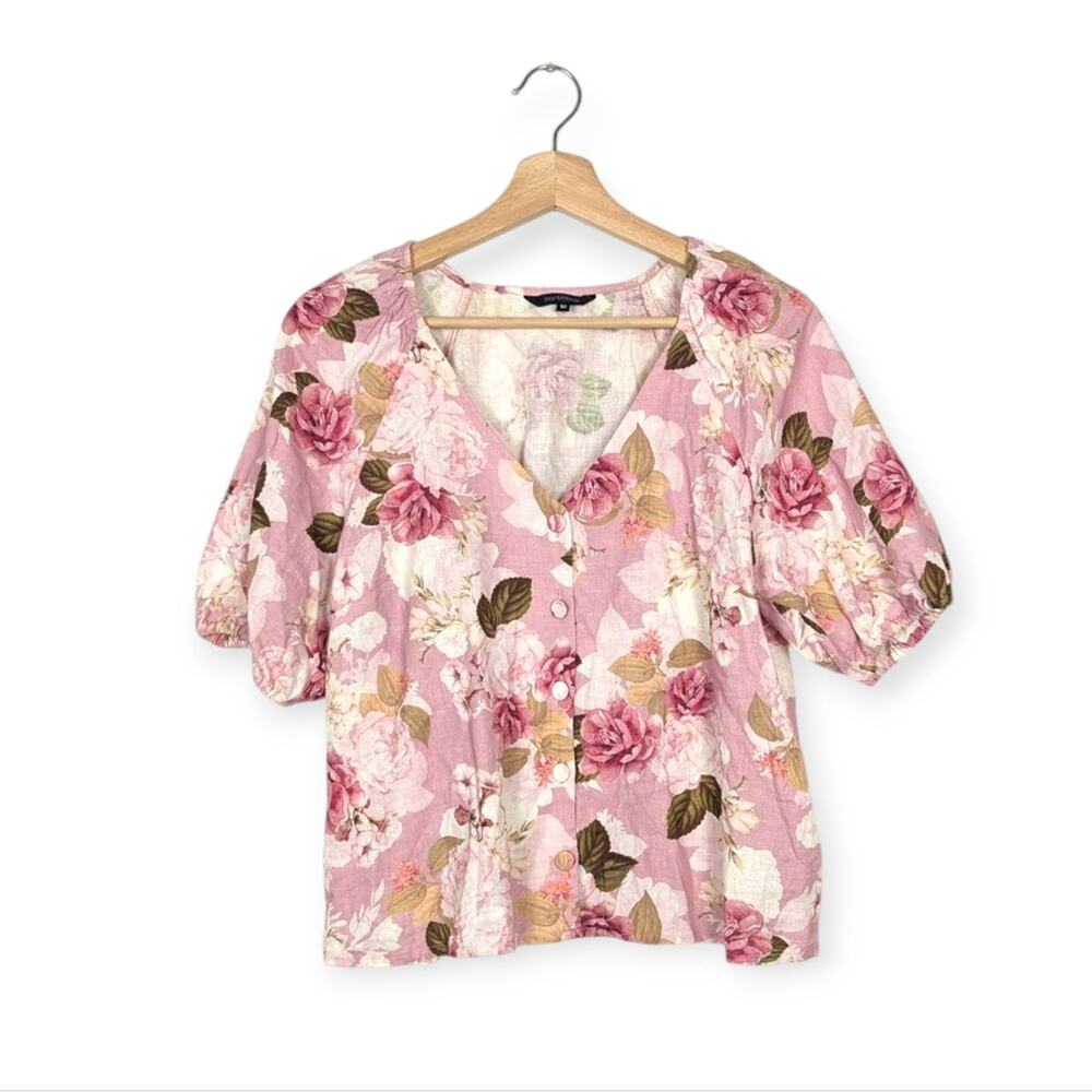 Portmans Pink Floral Print Linen Blend Button Front Blouse Size 10